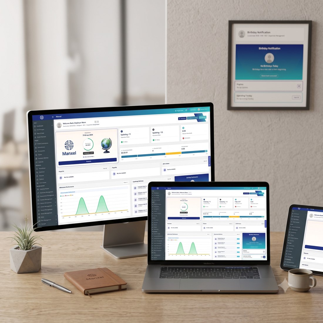 Manxel HRM dashboard shown on desktop, laptop, and tablet